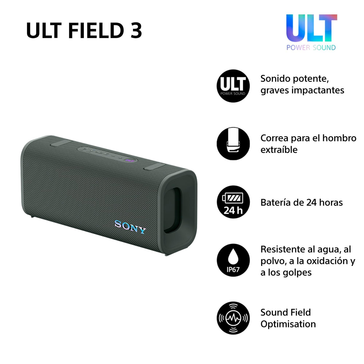 Sony ULT Field 3 - Altavoz Bluetooth portátil con ULT Power Sound, batería de 24 Horas, IP67, Resistente al Agua, al Polvo y a los Golpes, Correa Desmontable para el Hombro, Compacto - Gris Bosque
