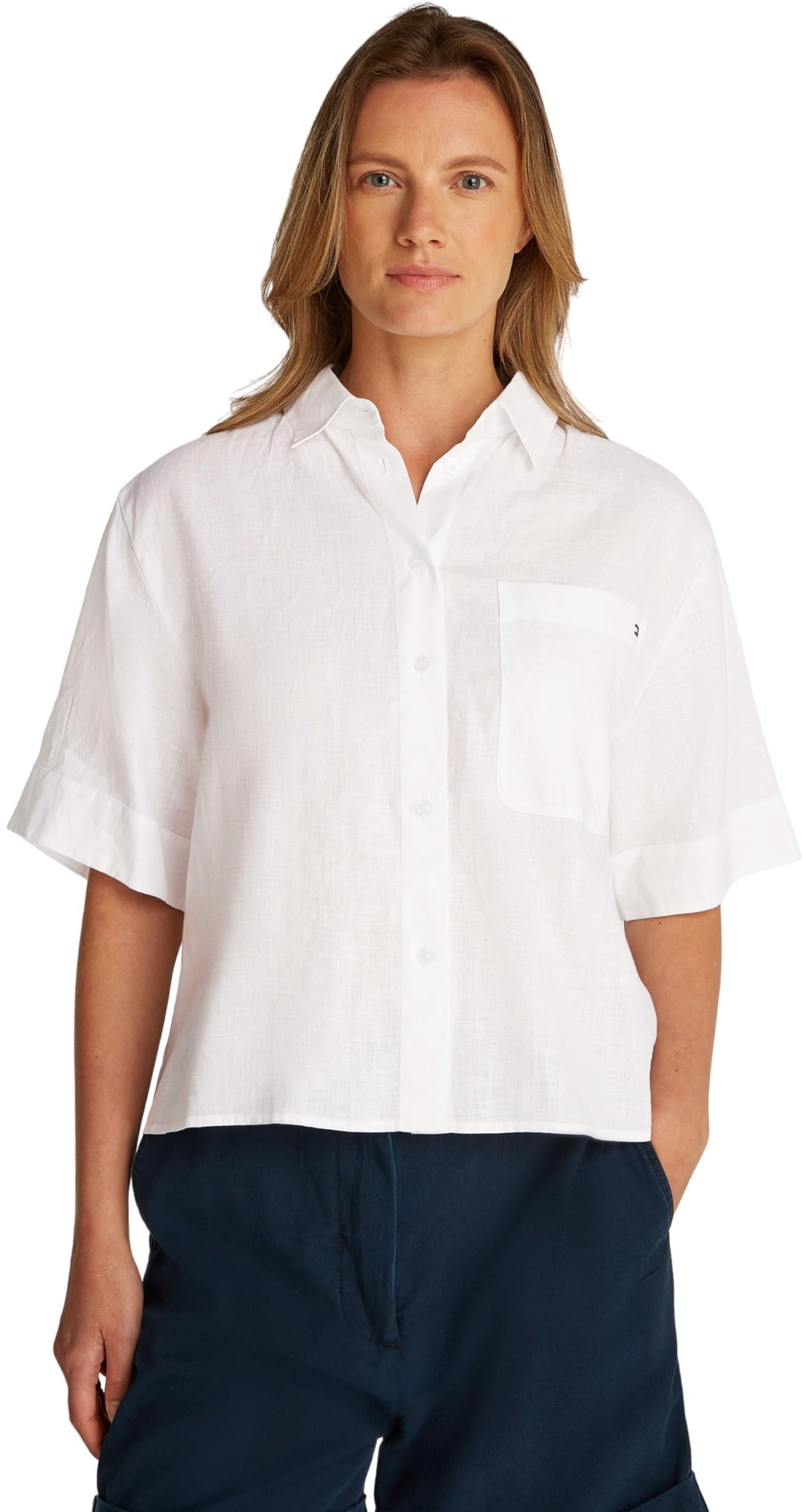 Tommy Hilfiger Camisa Mujer Linen Relaxed de manga corta, Blanco (Th Optic White), 44