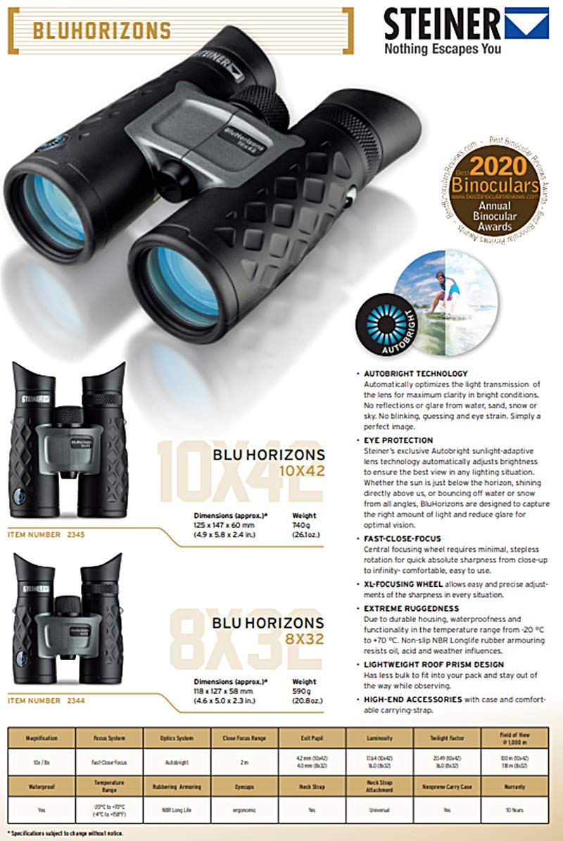 Steiner BluHorizons - Prismáticos con tecnología única de Lentes, protección Ocular, compactos, Ligeros, Ideales para Actividades al Aire Libre y Eventos Deportivos, 10 x 42