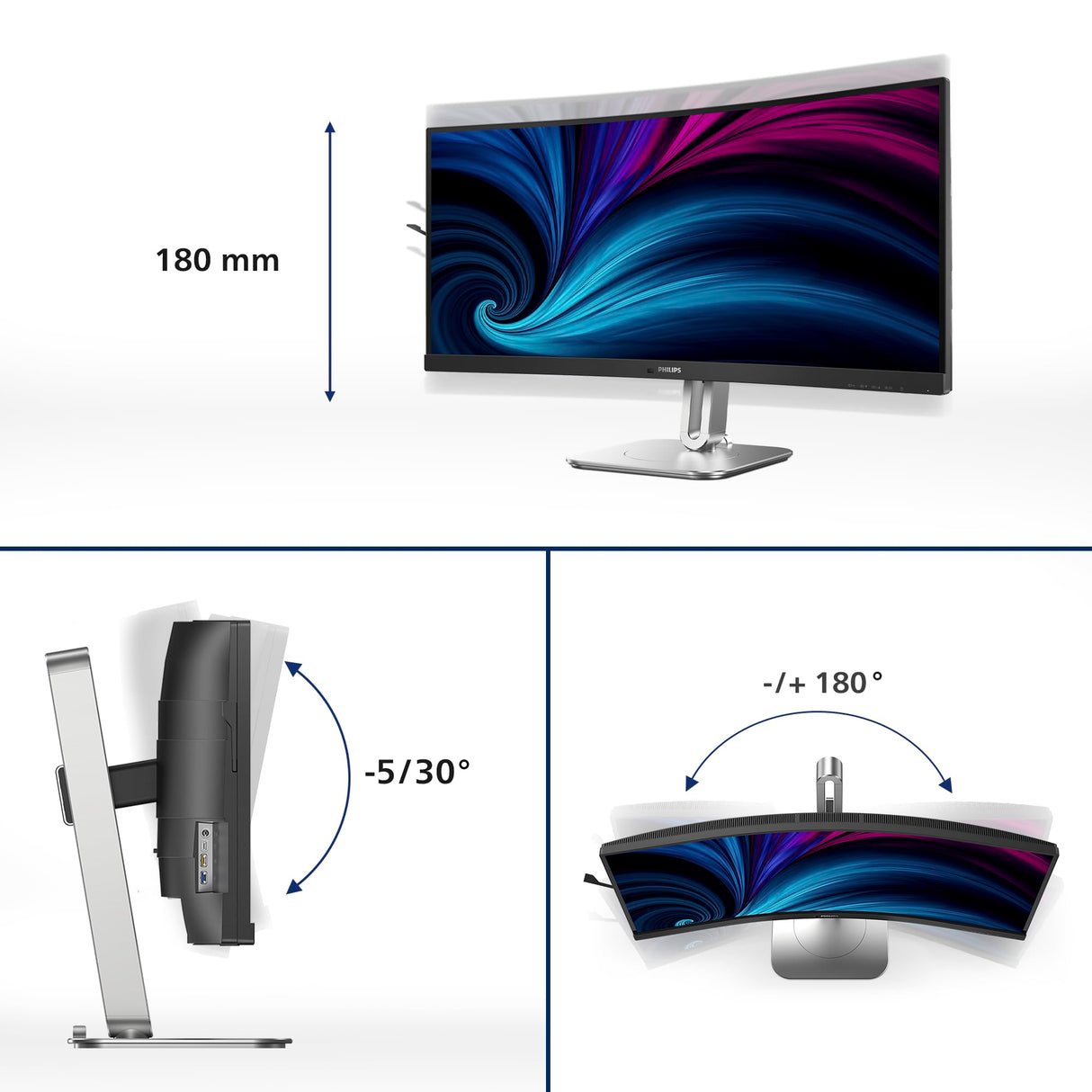 Philips EVNIA 34B2U5600C Monitor Gaming 34" UWQHD Curvo, WLED, 120Hz, VA, 4 ms GtG, Adaptive Sync., TUV Eyesafe, Altavoces, Altura Ajustable (2X HDMI 2.0, 1x DP 1.4, USB-C) Gris Oscuro