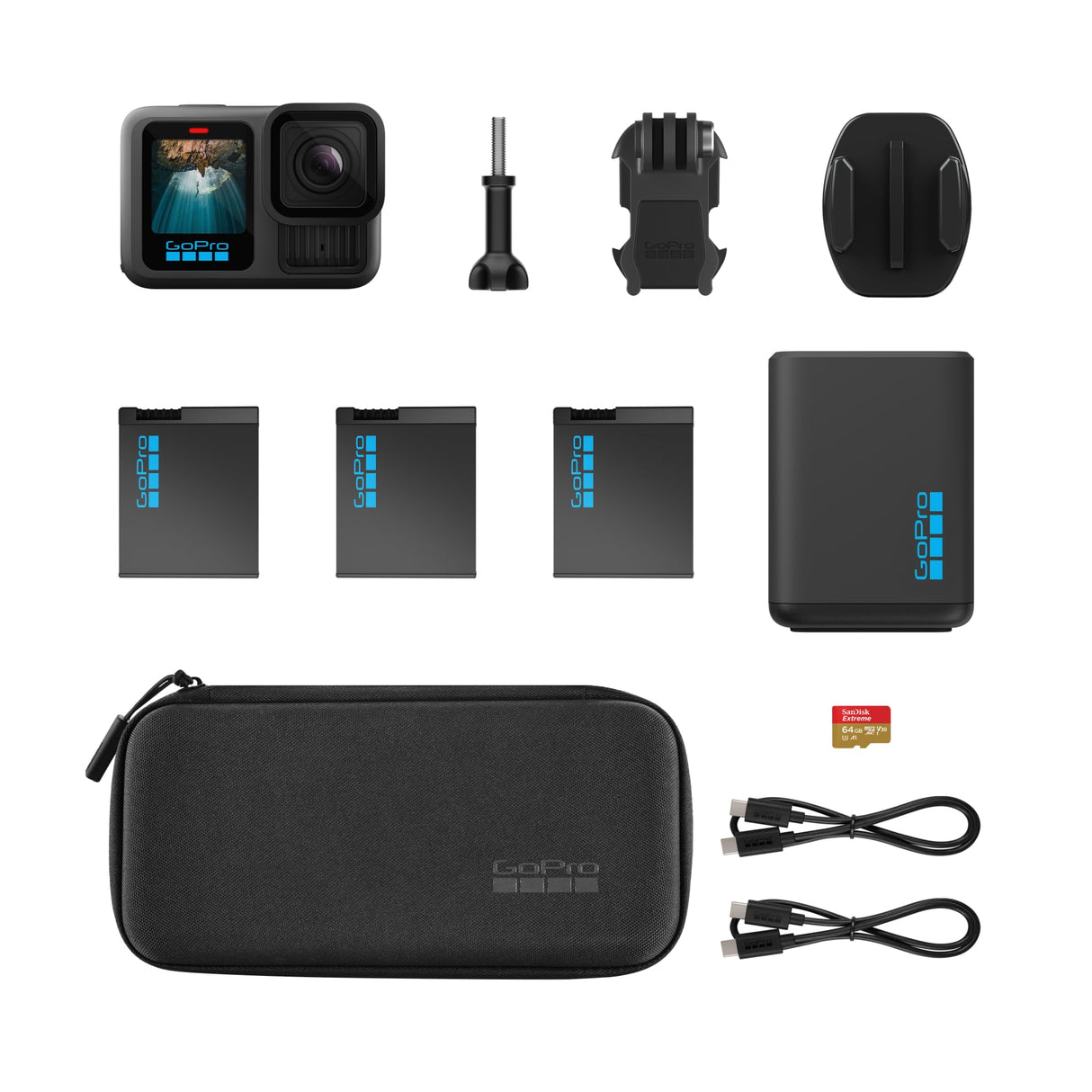GoPro Paquete de batería extendida HERO13 Black: Incluye Cargador de batería Dual, 3 baterías Enduro, Tarjeta microSD de 64 GB, Soporte Adhesivo Curvo y Estuche para cámara