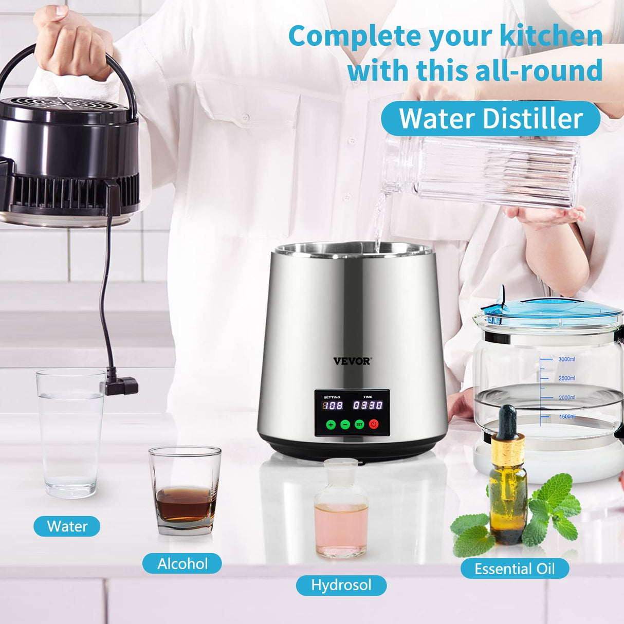 VEVOR Destilador de Agua 4 L Filtro de Destilación de Agua con Recipiente de Vidrio 750W 1 L/H Ajuste de Velocidad, Destilación Filtro Purificador 7,9 lbs de Acero Inoxidable con Pantalla Doble, Plata