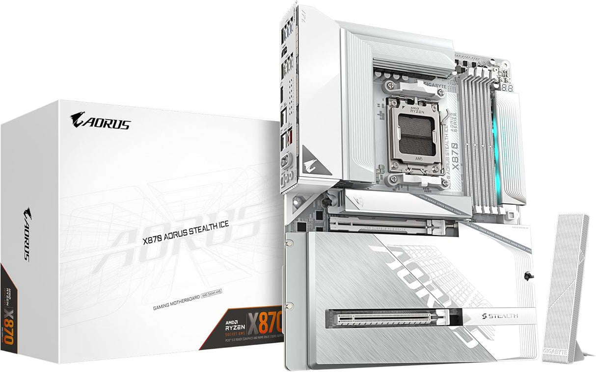 GIGABYTE X870 AORUS Stealth Ice Placa Base – Compatible con procesadores AMD Ryzen 9000, VRM Digital de 16+2+2 Fases, hasta 8200 MHz DDR5 (OC), 2 x PCIe 5.0 + 2 x PCIe 4.0, Wi-Fi 7, LAN 5 GbE, USB 4