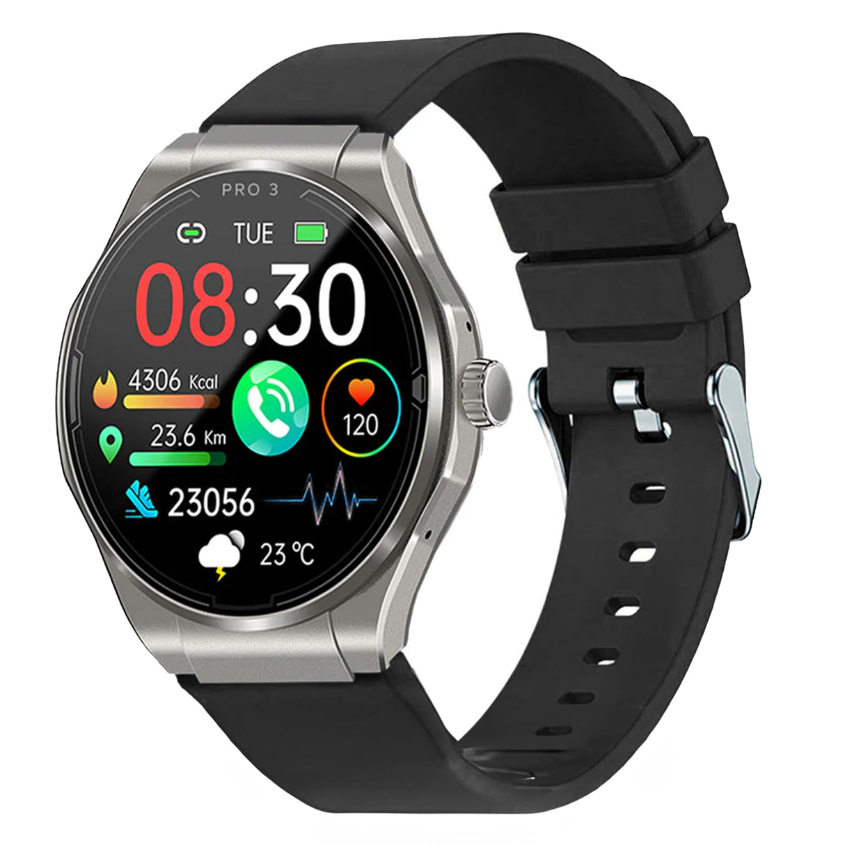 Knauermann Pro 3 (2024) Plata - Reloj de Salud Smartwatch con función de telefonía - Función ECG + HRV y SOS - Pantalla AMOLED - BT Bluetooth - Apnea del Sueño - Correa de Silicona Negra, 14-24,
