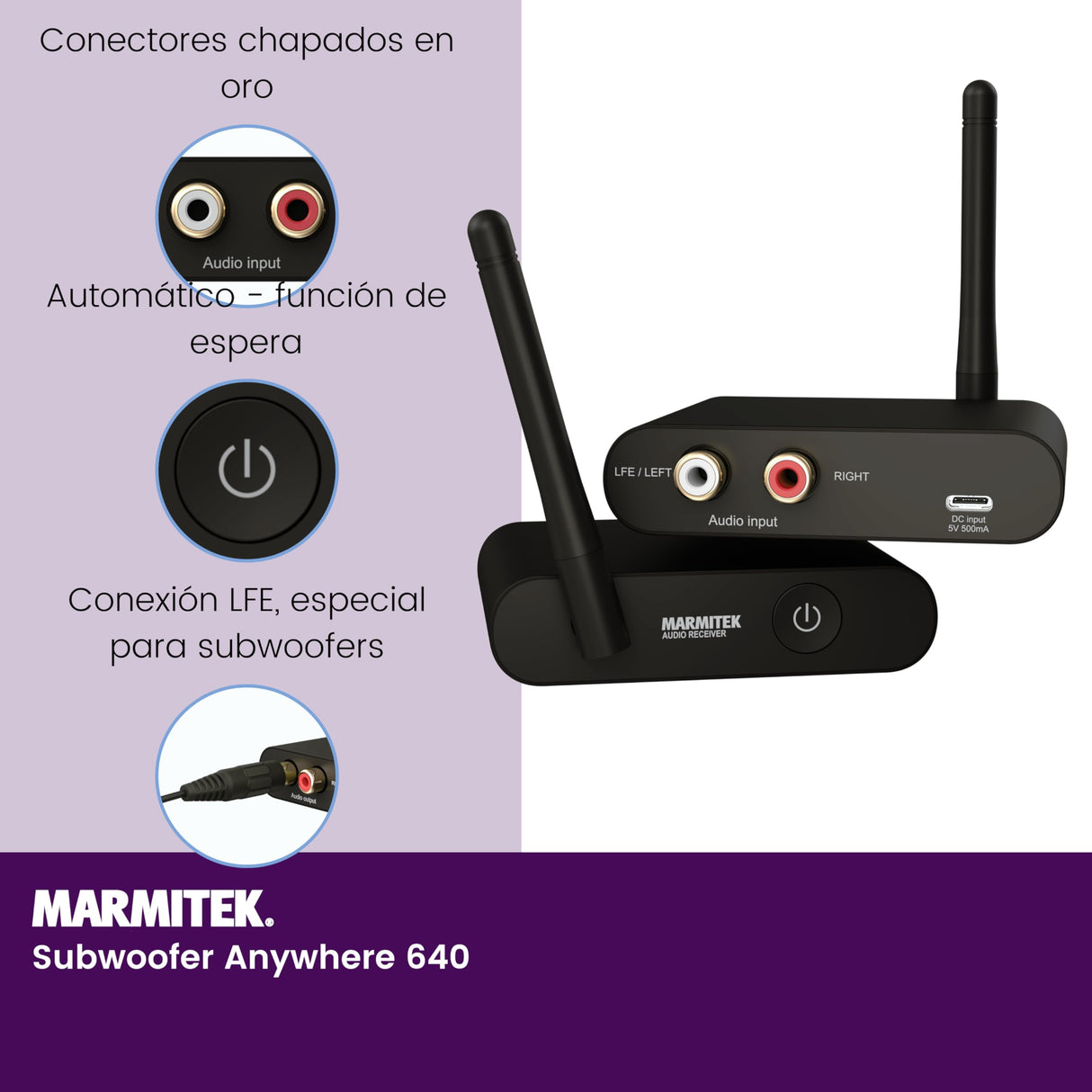 Marmitek Transmisor de Subwoofer Inalámbrico Subwoofer Anywhere 640 - Conecte su Subwoofer de forma Inalámbrica a su Sistema Estéreo - Conector de 3,5 mm - Transmisor de Audio Inalámbrico