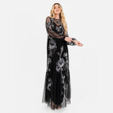Maya Deluxe Women's Maxi Dress Ladies Long Sleeve Boat Neck Sheer Tulle Floral Sequin Embellished Trapeze Evening Prom Ball Gown, Black, 44