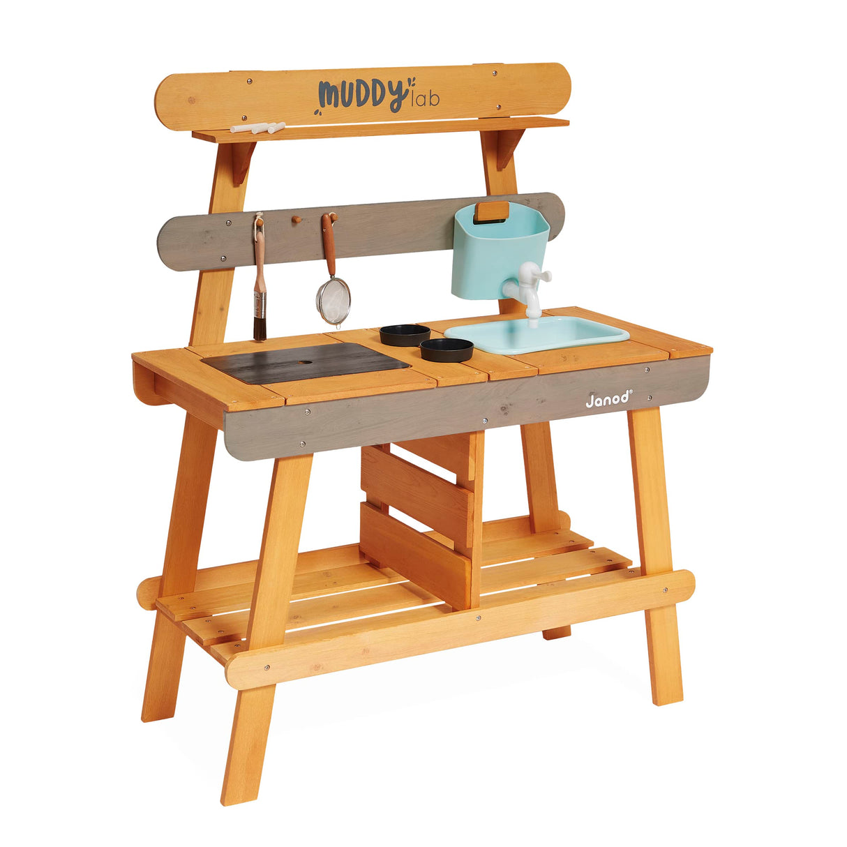 JANOD Muddy Lab-Cocina Infantil de Madera FSC-10 Accesorios-Juego de Imitación Exterior para Niños-A Partir de 3 Años, J06632, Color Azul Cielo/Gris, 77 x 35 x 95 (JURATOYS