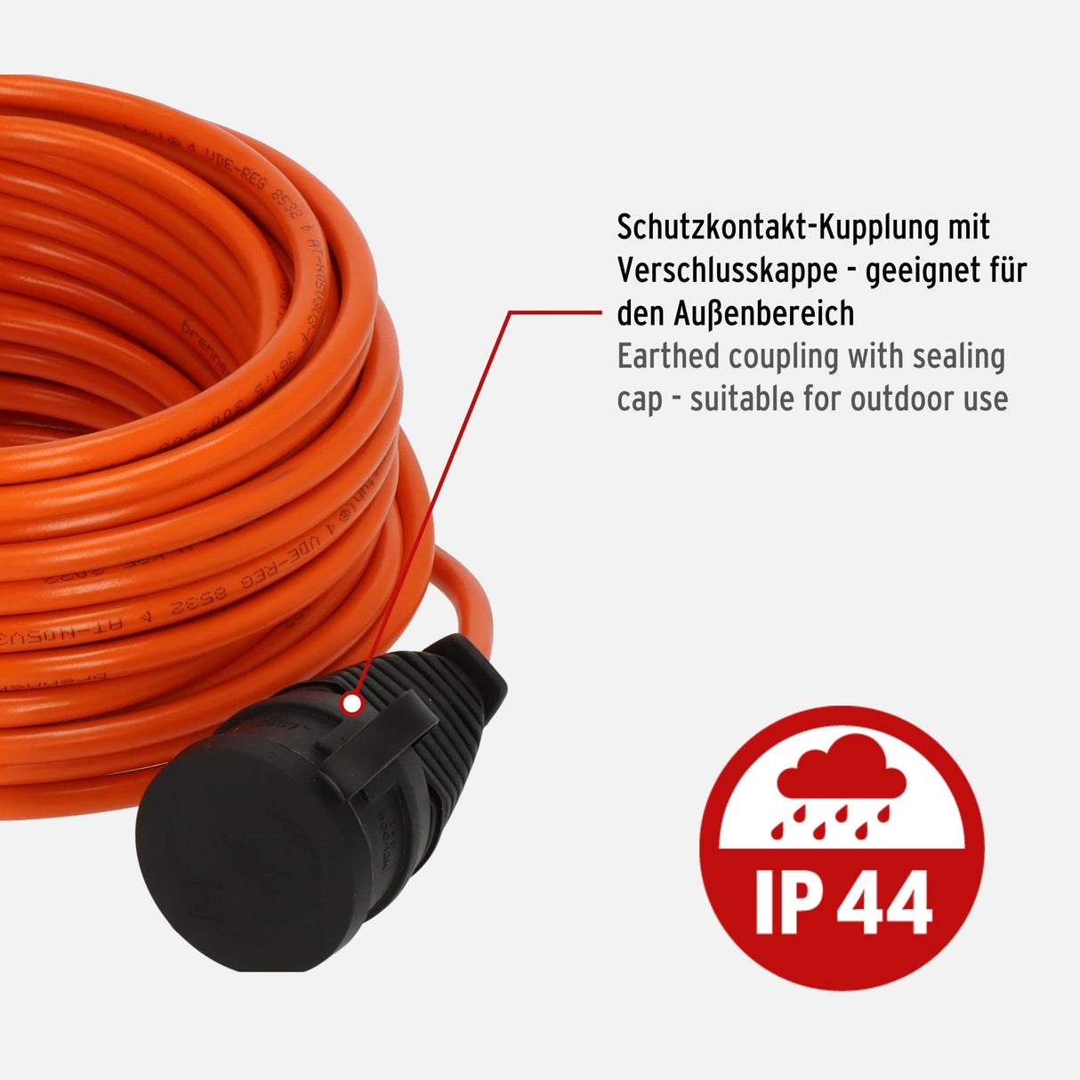 Brennenstuhl Cable de extensión BREMAXX (Cable de 20 m en Naranja, para Uso en Exteriores de Corta duración IP44, Cable de alimentación utilizable hasta -35 °C, Resistente al Aceite y a los Rayos UV,