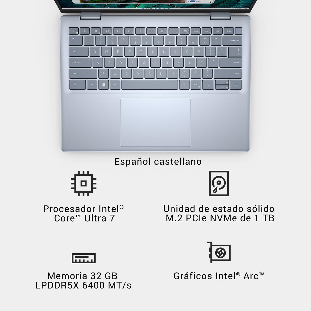 Dell Inspiron 14 Plus 7440 Ordenador Portátil de 14'' de 2.8K, Intel Core Ultra 7, Intel ARC Graphics, 32GB RAM, 1TB SSD, Fingerprint Reader, Windows 11 Home, Teclado QWERTY Español, Ice Blue