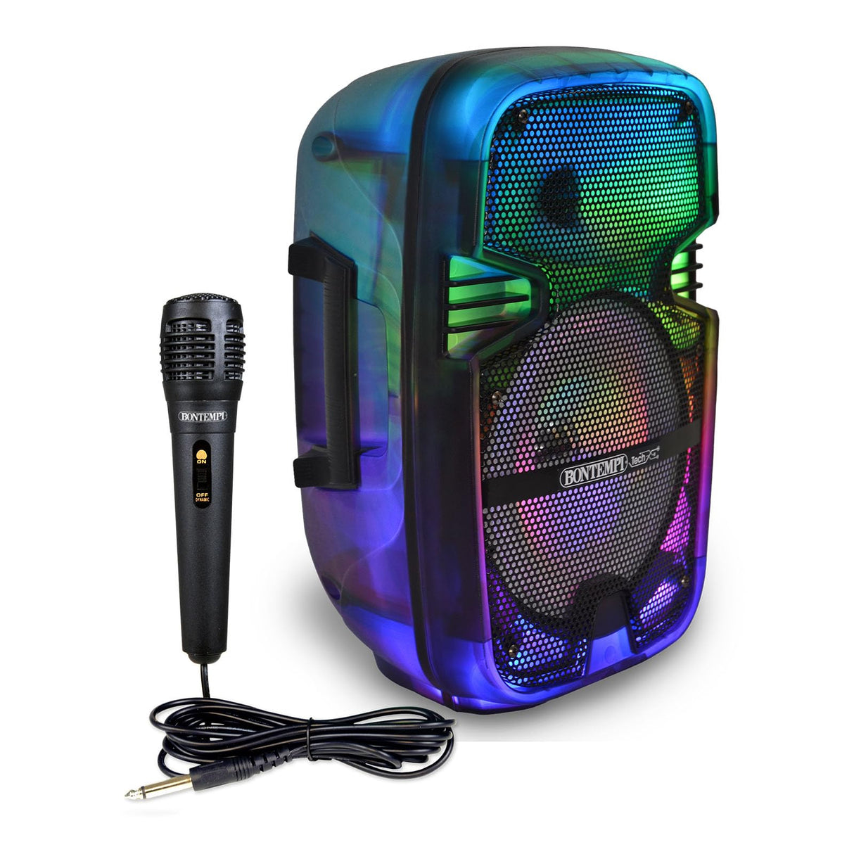 Bontempi | Altavoz Acústico Luminoso Inalámbrico con Micrófono y Luces RGB, Mando a Distancia, Pantalla, Función TWS, 37x24x19.5 cm