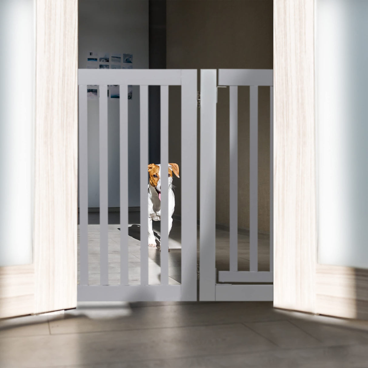 Relaxdays Barrera Seguridad Niños, Valla Protectora Bebés y Mascotas, 4 Paneles, con Puerta, Plegable, 70x207 cm, Gris, Tablero de Fibras