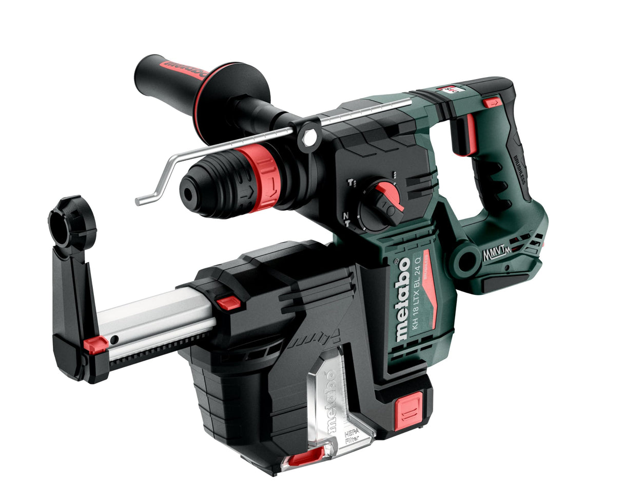 metabo Martillo combinado inalámbrico KH 18 LTX BL 24 Q Set ISA – 18 V, 2,2 J energía de impacto, diámetro de perforación de 24 mm en hormigón – SDS-plus con aspiración, motor sin escobillas, ideal