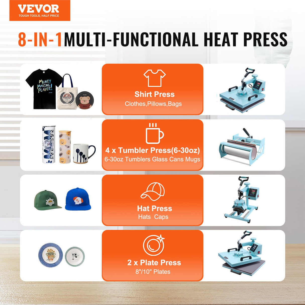 VEVOR 5 en 1 Máquina de Prensado por Calor con Prensa de Vaso de 887 ml, 380 x 380 mm, Prensa Térmico con Giro de 360° con Control Digital Preciso para Camisetas, Tazas, Sombreros y Platos, Verde