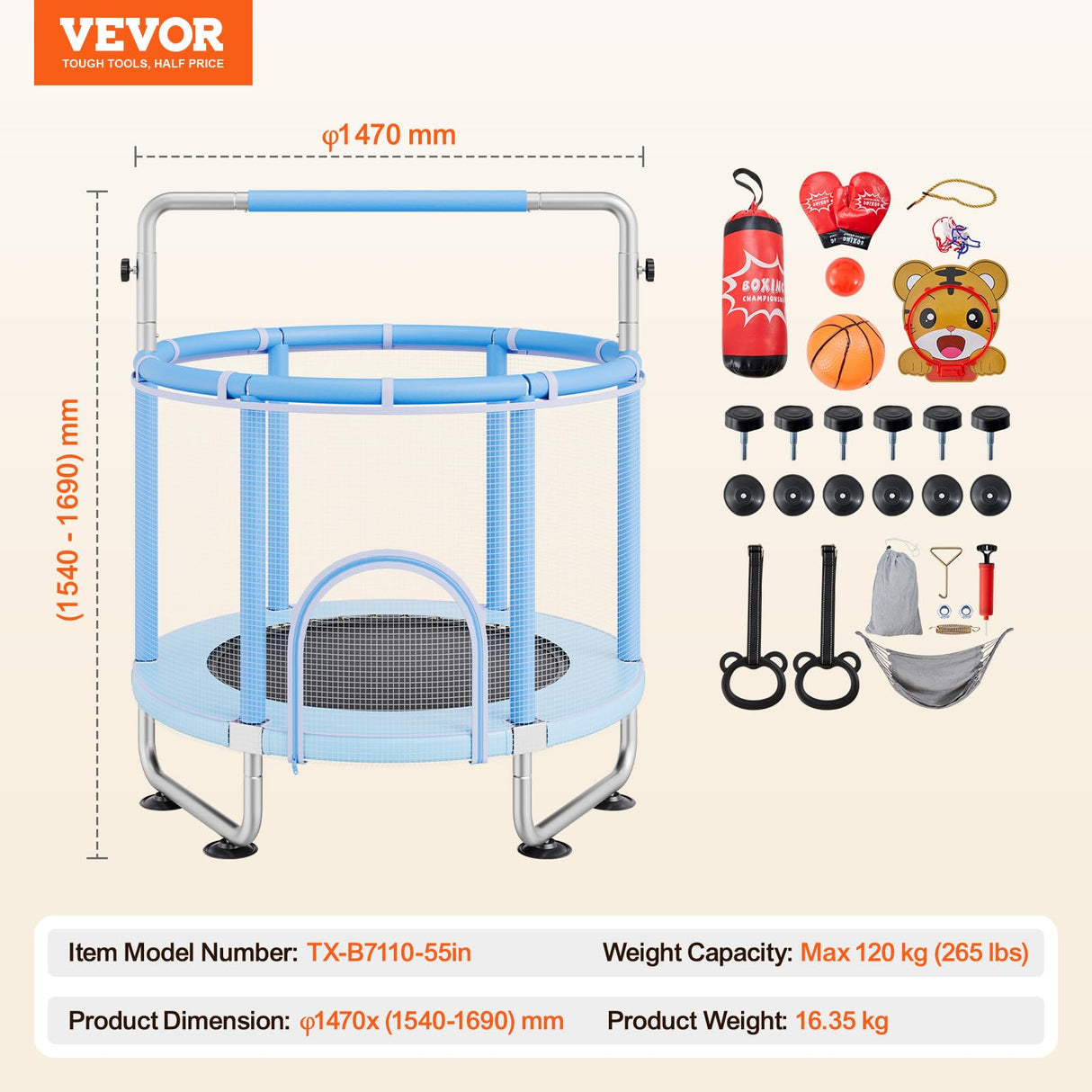 VEVOR Trampolín para Niños para Interior y Exterior, Minitrampolín Recreativo para Niños Pequeños con Red de Seguridad y Aro de Baloncesto, para Niños de Más de 3 Años, 1470 x (1540-1690) mm Azul