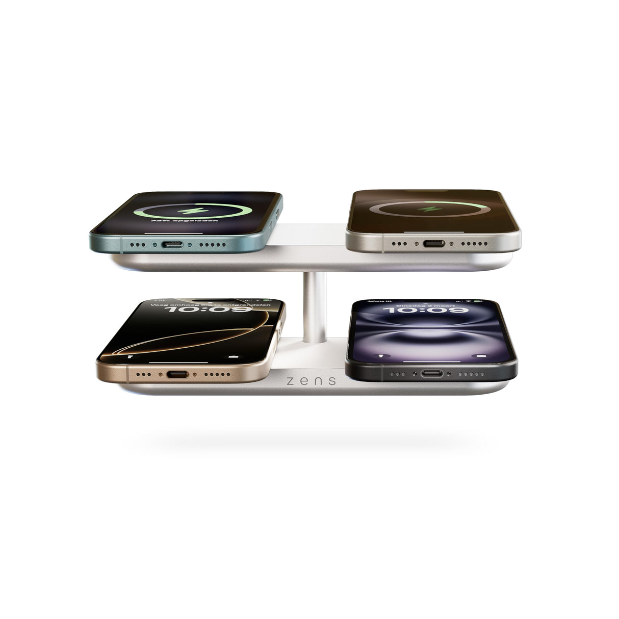 Zens Otterbox Quattro Wireless Charger Pro 4, Cargador inalámbrico MagSafe y Qi2 de 15 W para iPhone/AirPods, Incluye Adaptador de Corriente de 65 W (EU/UK/US) y Cable Integrado de 1,5 m, Blanco