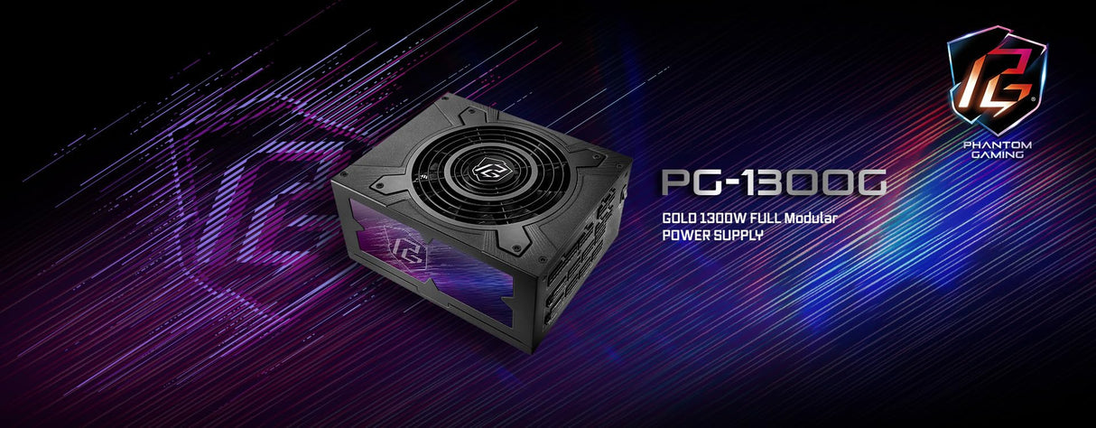 Fuente ALIMENTACION ASROCK PG-1300G,PSU,1300W,80 Plus Gold,135MM,Modular,PCI-E 5.1 (12+4pin) x1,PCI-E (6+2 Pin) x5,SATA (5 Pin) x9