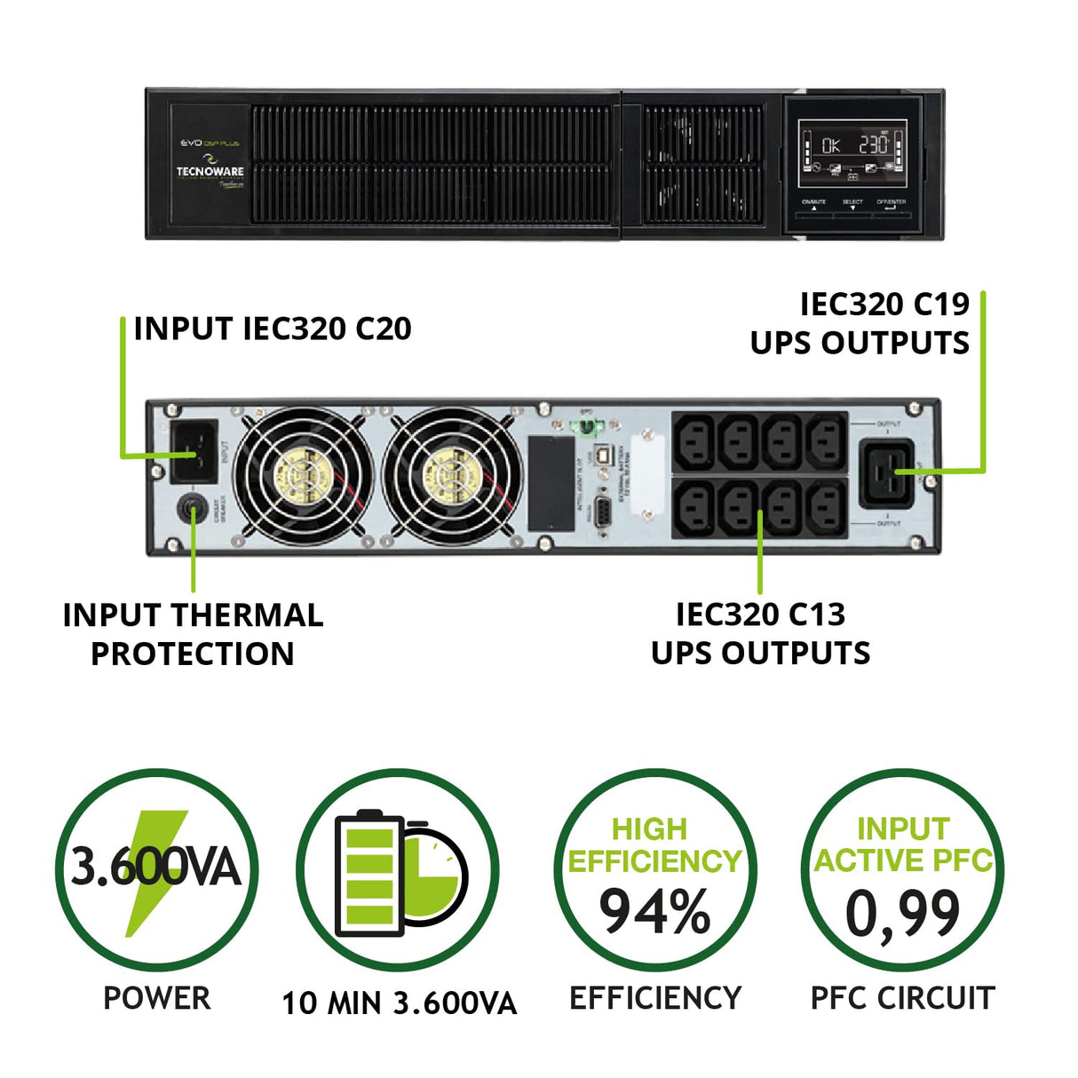 Tecnoware Power Systems SAI EVO DSP Plus 3600, Alta Protección contra Apagones, Autonomía hasta 40 Min, 8 Salidas IEC, Alta Eficiencia 94%, Interfaz USB/RS232/SNMP, Potencia 3600 VA