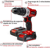 Taladro percutor con batería TE-CD 18/2 Li-i +64 PXC de Einhell (18 V, 44 Nm, engranaje de 2 veloc., incl. 2 baterías 2,0 Ah, cargador rápido, maletín y set de acces. de 64 piezas)