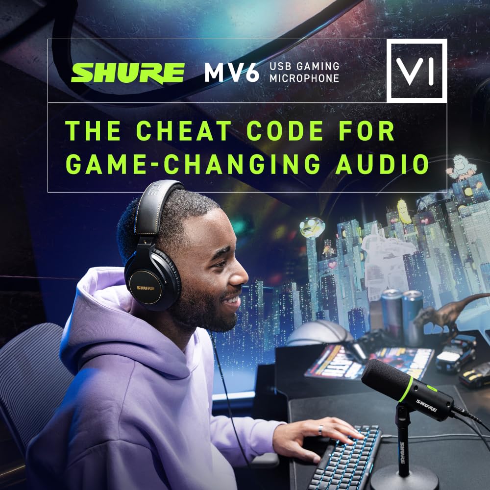 Shure MV6 Microfono par Juegos, Micrófono USB dinámico para PC para Juegos y Streaming - Soporte de Sobremesa de Base Redonda, Cancelación de Ruido de Fondo, Tap-to-Mute, 3.5mm Salida