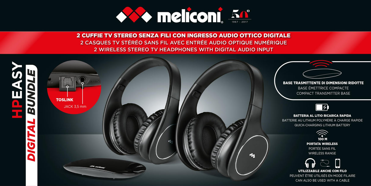 Meliconi Auriculares Easy Digital Bundle, 2 auriculares de TV estéreo inalámbricos, 100% digitales, con entrada de audio analógica/digital y base de transmisor dimensional negro