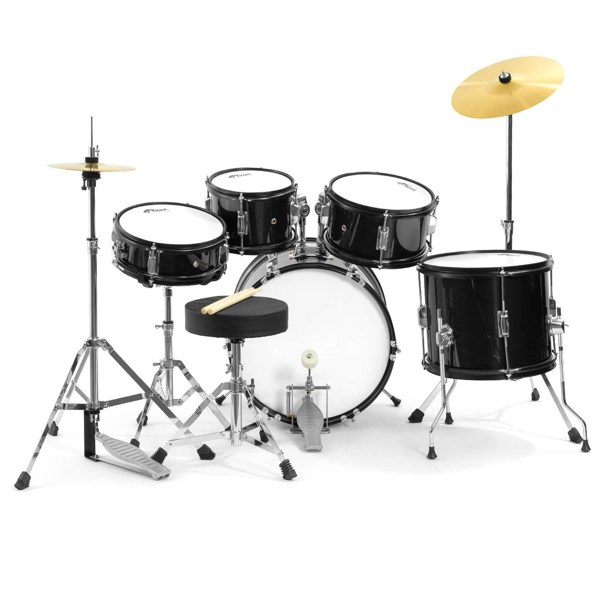 Tiger JDS14-BK Juego de batería junior de 5 piezas - Juego de batería negro para niños, edades de 3 a 10 años