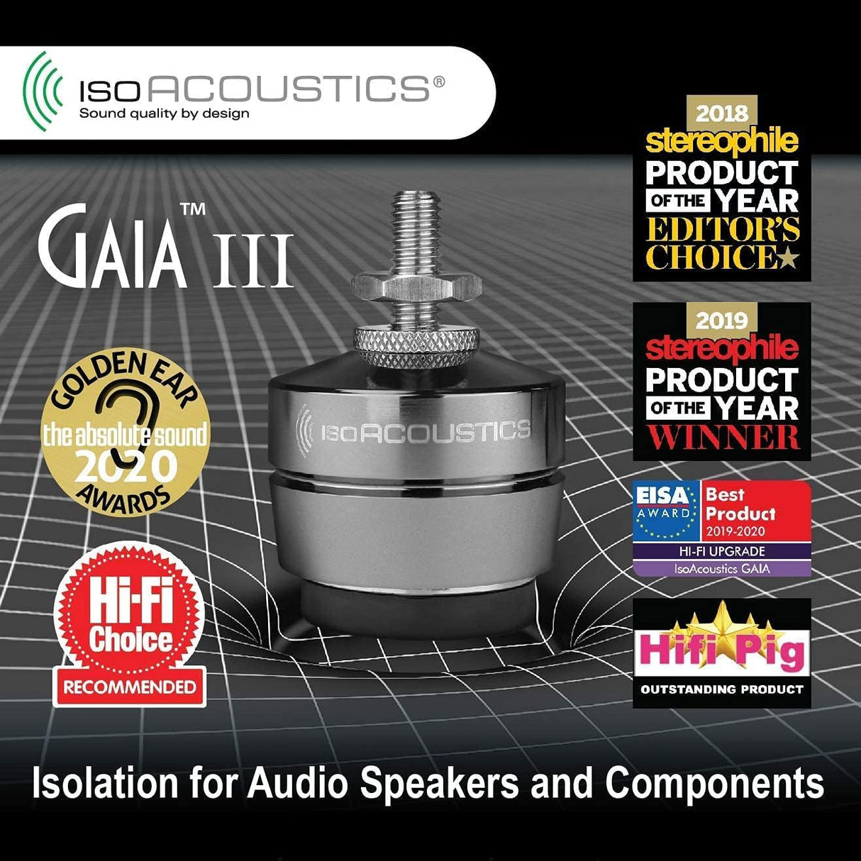 IsoAcoustics Gaia Series - Pies de Aislamiento para Altavoces y subwoofers (Gaia III, 32 kg MAX)