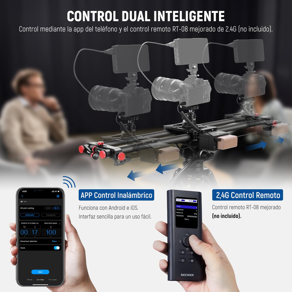 NEEWER 31,5"/80cm Deslizador Motorizado Cámara, App Control Inalámbrico DSLR Deslizador Riel Fibra Carbono con 4400mAh Batería F750 (Cargador No Incluido), Modo Video, Lapso Tiempo Foto, ER1-80