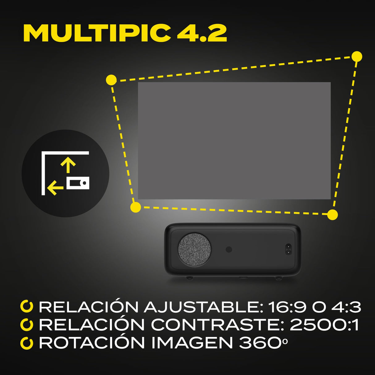 OVERMAX Multipic 4.2 Proyector Nativo Full HD 1080p, proyector de hasta 200", Home Cinema Compacto de 4500 lúmenes, WiFi, Bluetooth, Panel de Control táctil, relación de Aspecto: 16:9, 4:3