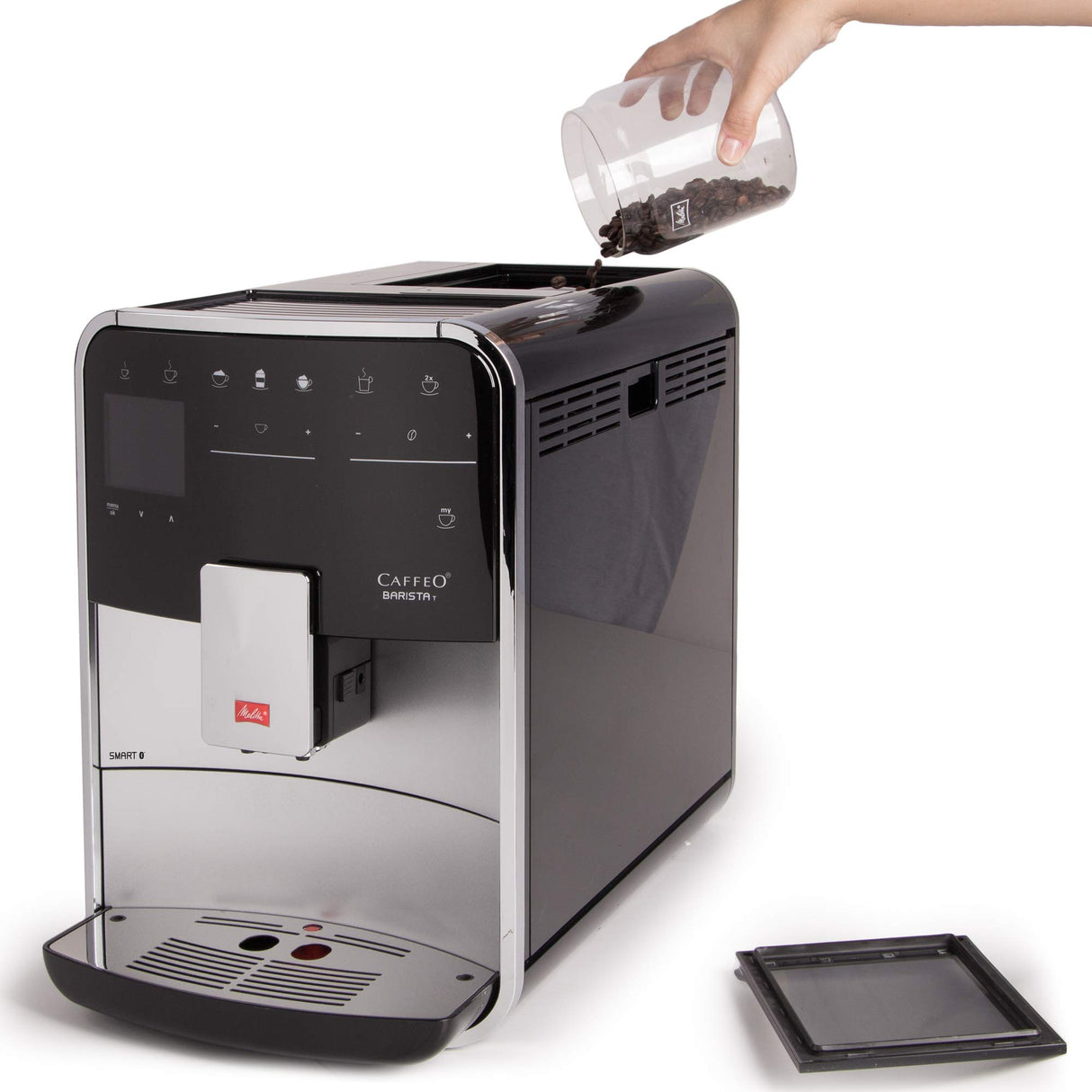 Melitta Barista T Smart F831-101, Cafetera Superautomática con Molinillo Silencioso, App Connect, Pantalla Táctil, 18 Recetas, 15 Bares, 1450 W, 1.8 litros, Acero inoxidable, Plata/Negro