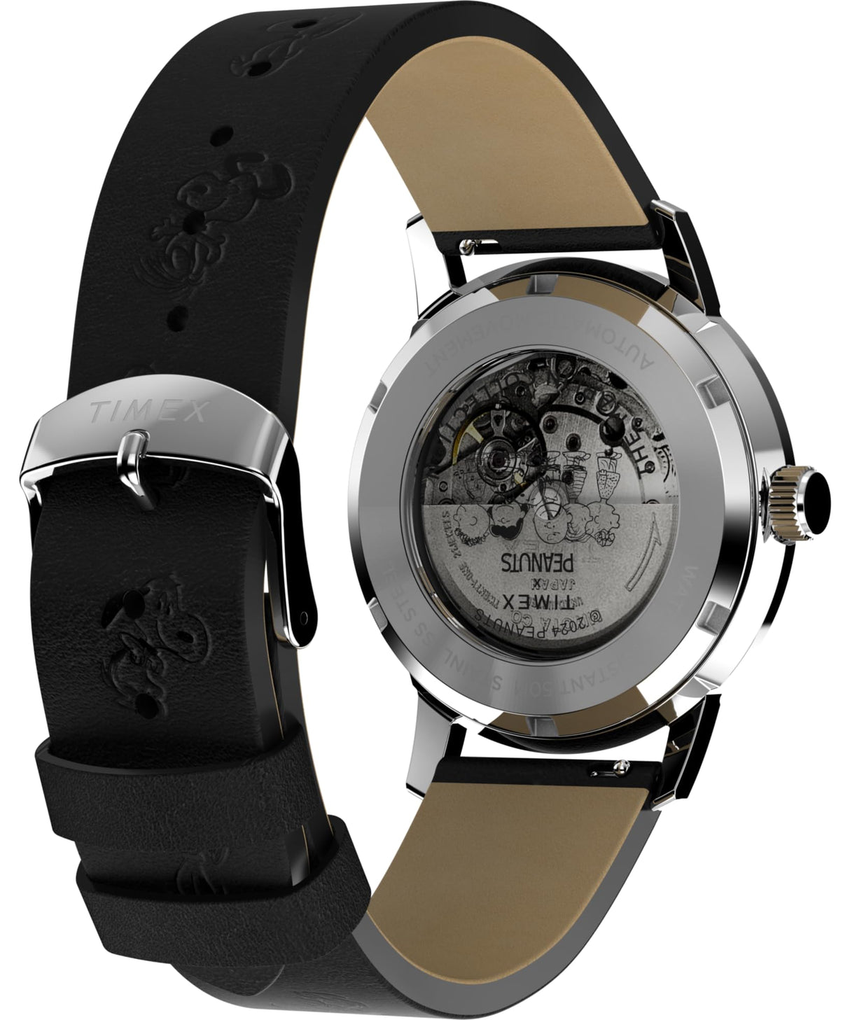 Timex Peanuts Automatic - Reloj de 40 mm para hombre, correa de liberación rápida de dos piezas de cuero negro, esfera en tono plateado, caja de acero inoxidable TW2W54000