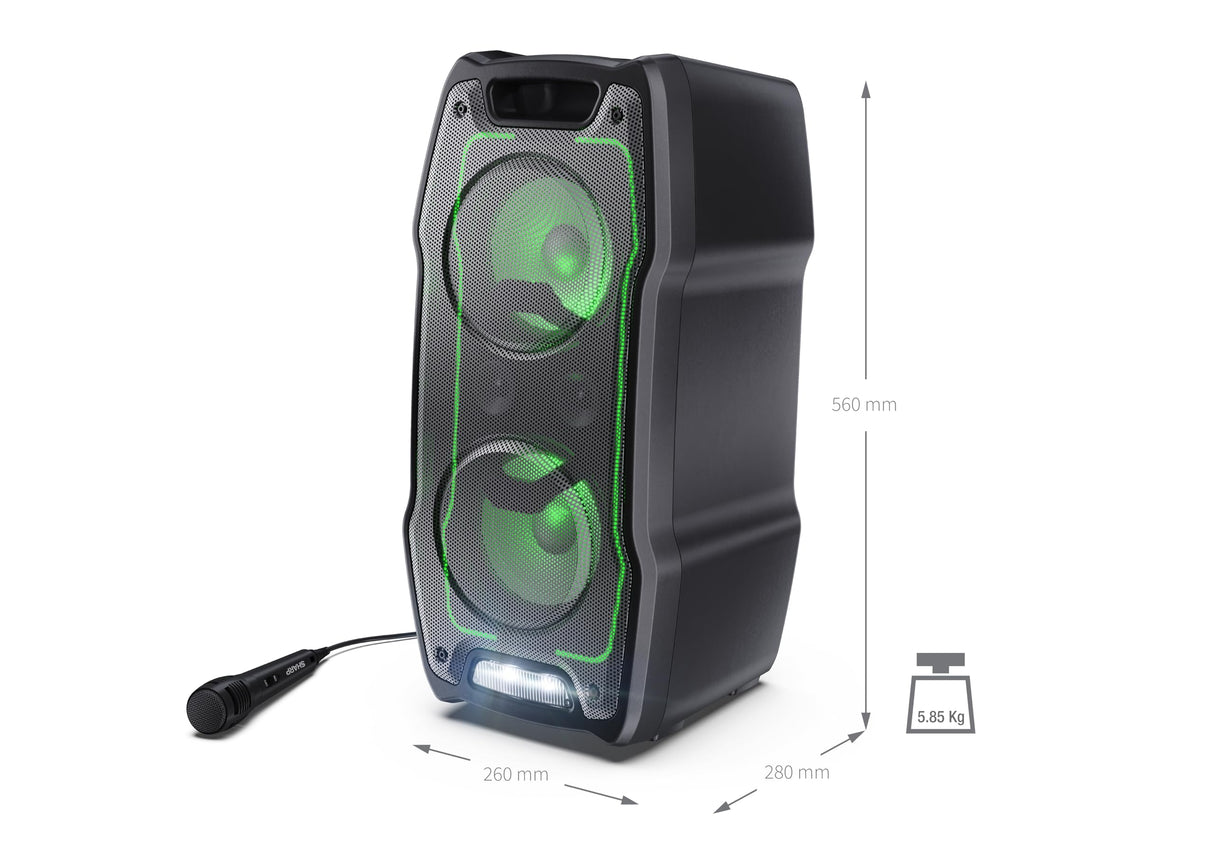 SHARP PS-931 Party Speaker, microfono, TWS, Bluetooth, 2 x USB, 2 puertos 6,3 mm para microfono y guitarra, luces multicolor, 180W p. maxima, bateria litio integrada con hasta 13 horas de reproduccion