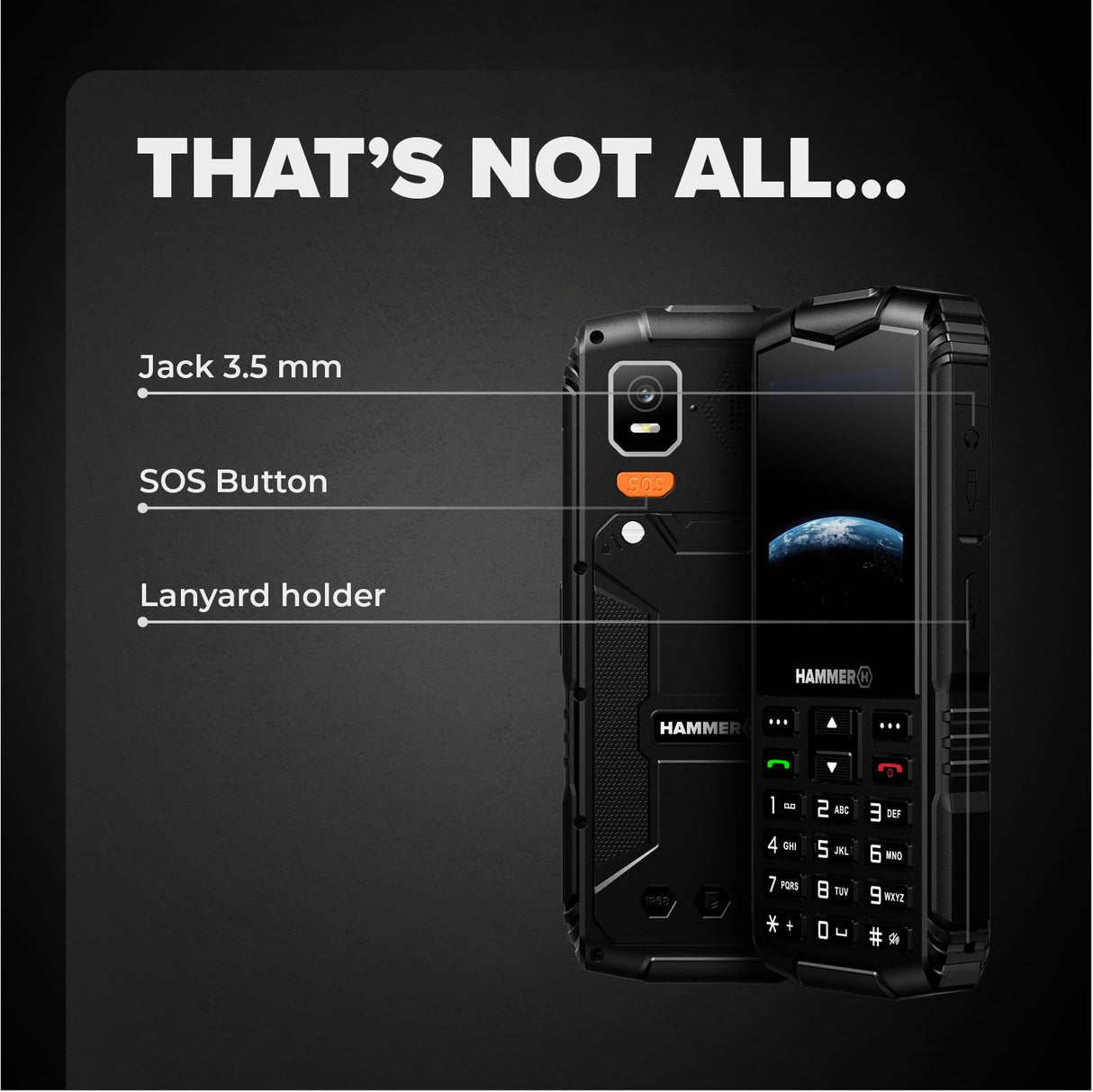 Hammer H Horizon LTE Móvil Irrompible, Batería 3000mAh, 64 GB, Pantalla IPS 2,8", Teclas Grandes, Botón SOS, Linterna, Cámara 2MP, Radio FM, USB-C, Dual SIM, IP68/MIL-STD-810H, Negro