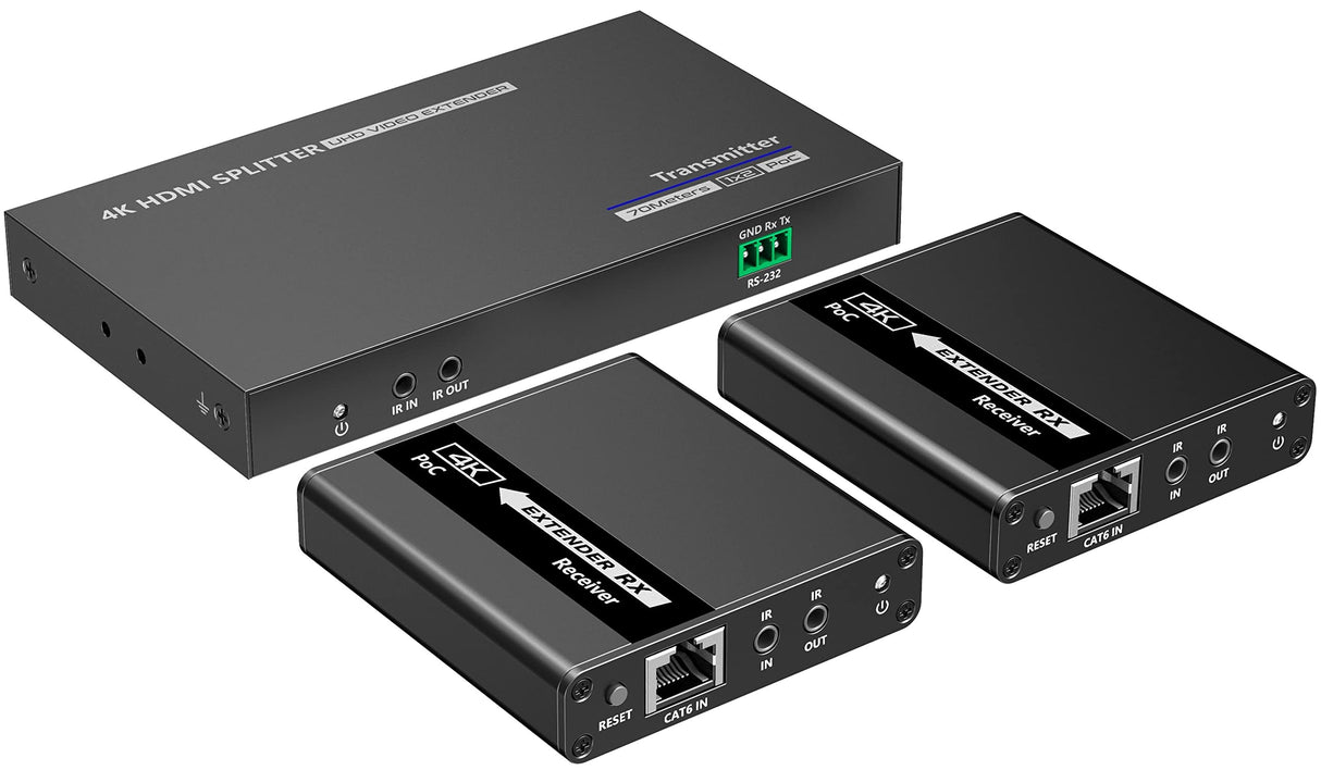 PremiumCord 4K HDMI 1-2 Splitter + Extensor vía Cat6/6a/7, Ultra HD 4K @ 30Hz a 70m, Carcasa Metálica, 2 Receptores con Fuente de Alimentación, Dolby TrueHD, 3D, EDID, CEC, HDCP2.2