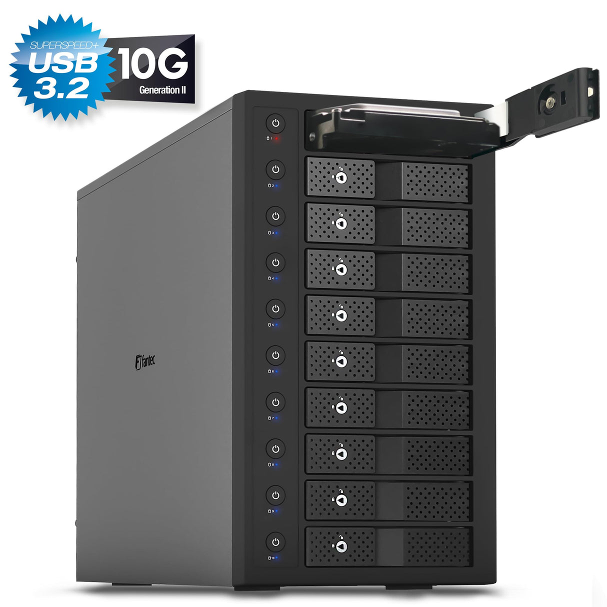 FANTEC 10x USB3.2 Gen2 10G Hard Disk Docking Station for 10x SATA 3.5/2.5 Inch SSDs and HDDs. Transfer Rates up to 10Gbit/Sec, no Tools Required, 2X USB Cable. Metal housing Black