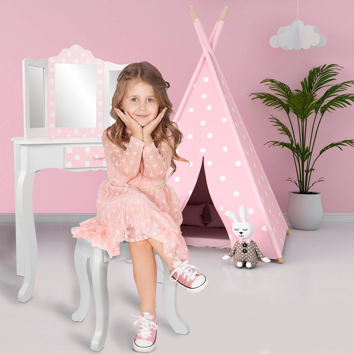 WOOMAX - Tocador niña, Maquillaje niña niño, Tocador de Madera Infantil con Taburete y Espejo Niña, Centro de Belleza con cajón, Juguetes educativos niños 3 años, Juguetes imitación (85388)