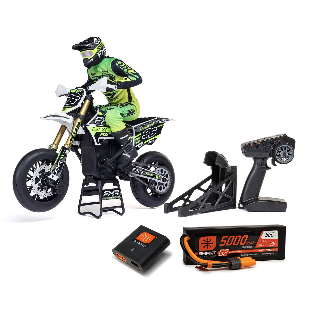 LOSI 1/4 Promoto-SM FXR Supermoto Moto teledirigida RTR con Volante Stabi Amortiguador 3 Modos de conducción sin escobillas Cadena Embrague Incluye batería y Cargador