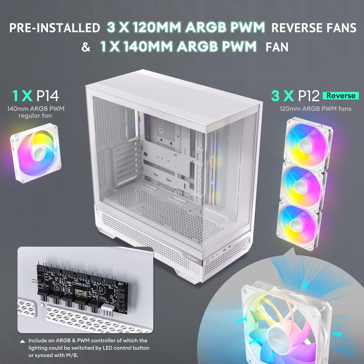 Antec C7 ARGB Blanco, Soporte de GPU RTX 40, 4 Ventiladores ARGB PWM de 120 mm incluidos, refrigeración Vertical, Tipo C de 10 Gbps, Paneles Frontales y Laterales de Vidrio Templado Continuo