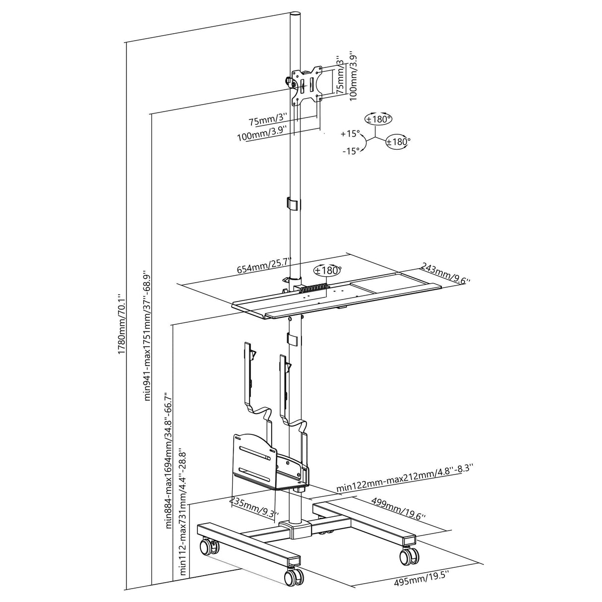 Maclean MC-793 Carro Soporte para Monitor, Teclado y Ordenador | Altura Ajustable | 17"-32" hasta 20 kg VESA 75x75, 100x100 | Construcción Robusta de Metal con Ruedas