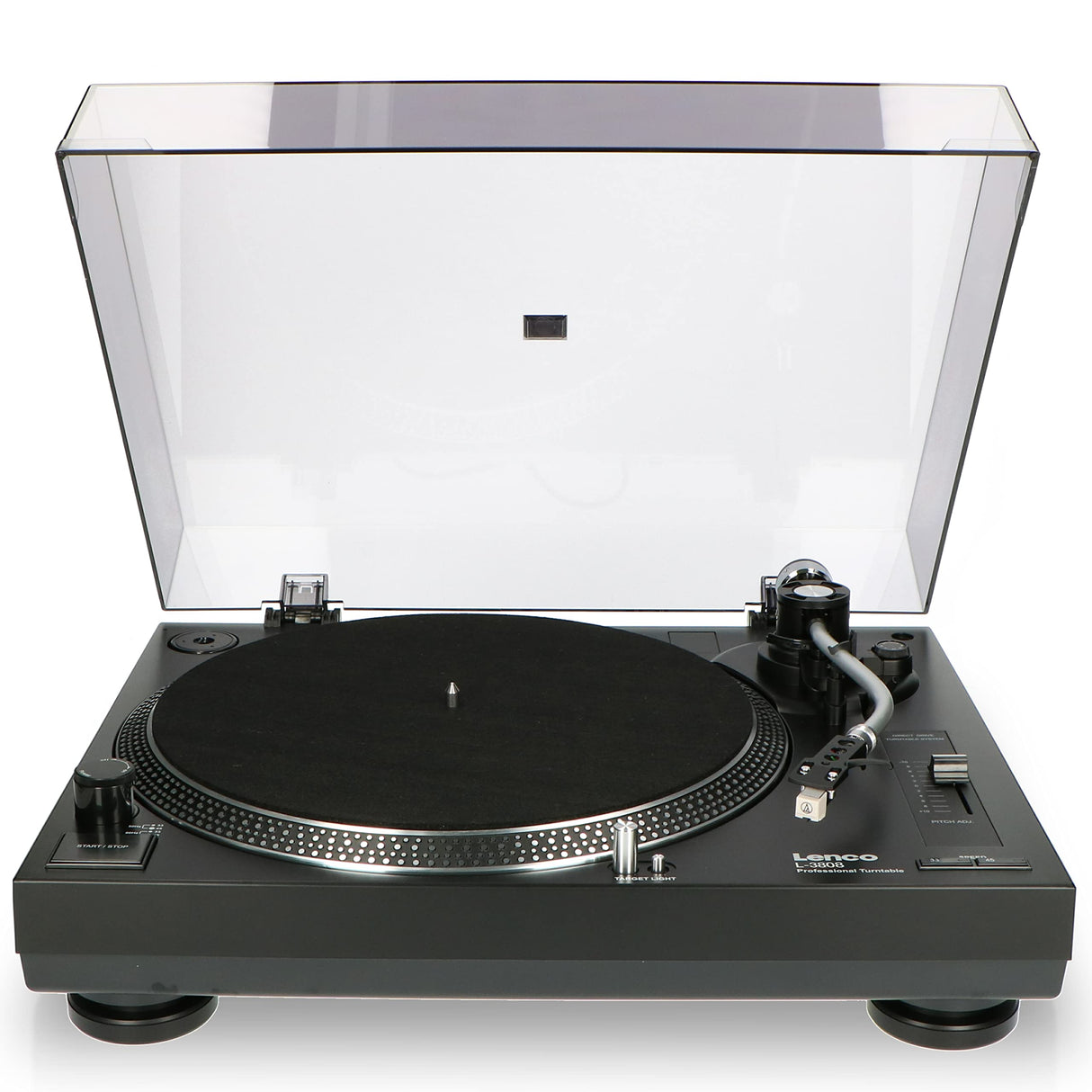 Lenco L-3808 Tocadiscos USB DJ con Direct Drive - 33/45 rpm, sistema de captación magnética, iluminación de aguja y digitalización para PC, Negro