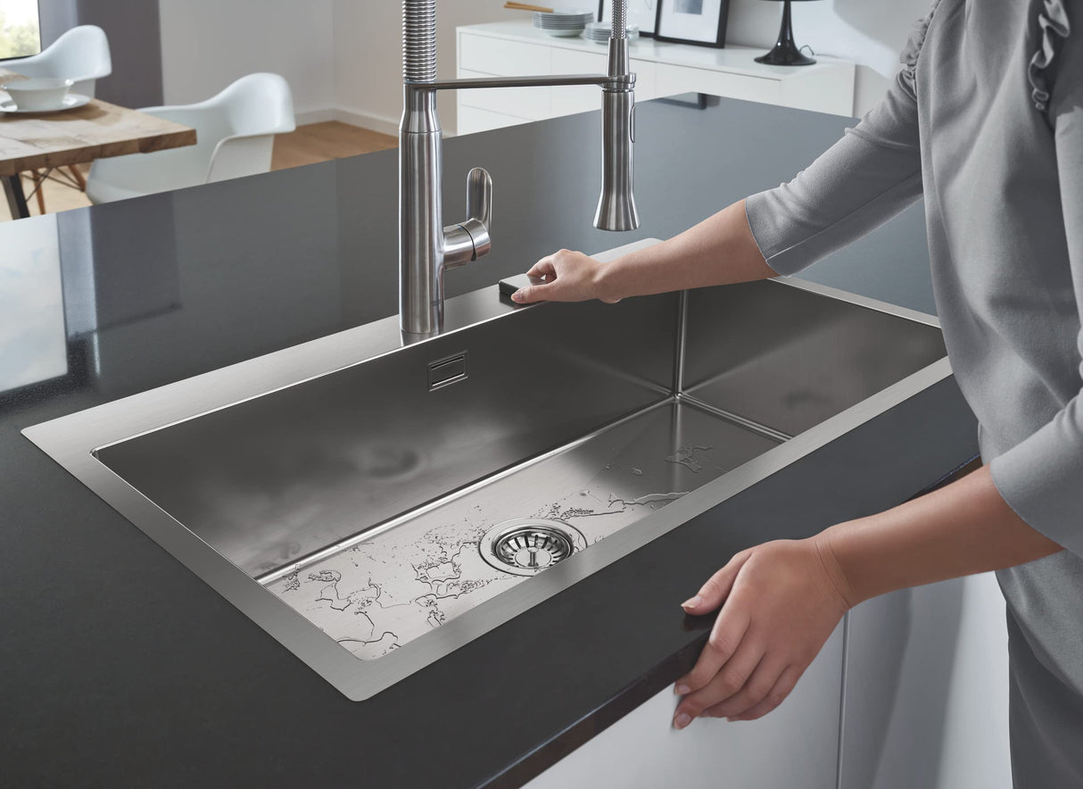 GROHE K800 | 1 cubeta | Fregadero de cocina - montaje sobre encimera o a ras | Medida corte encimera: 831 x 495 mm | desagüe automático, sifón, cestillo y set de montaje | Acero inoxidable 31584SD1