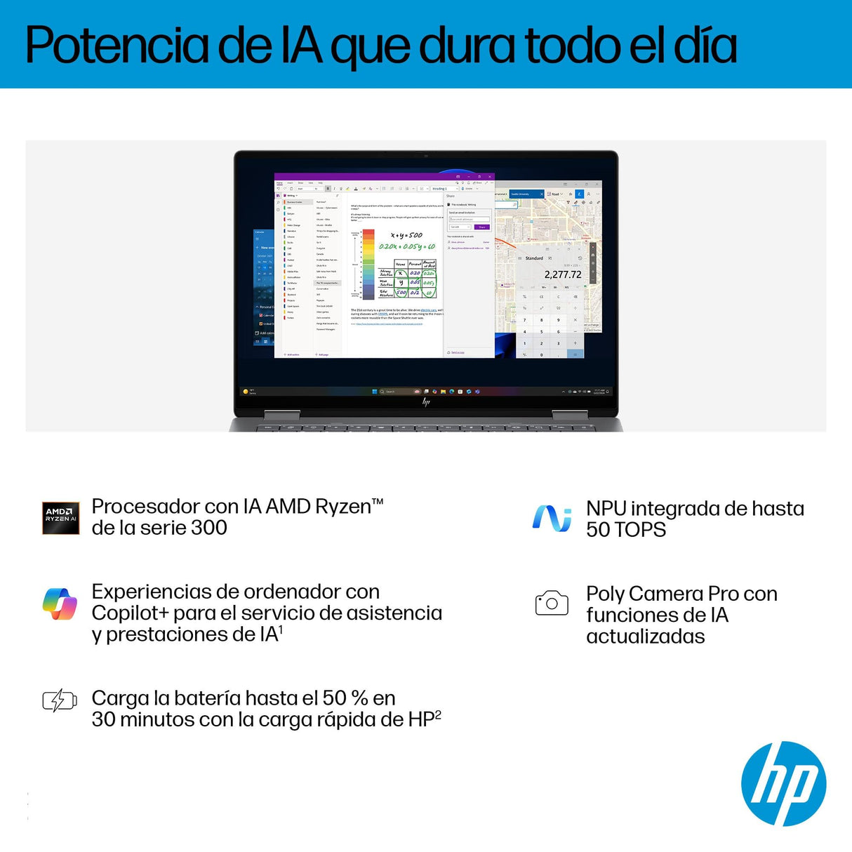 HP Omnibook X Flip - Ordenador portátil Convertible de 14" 3K OLED táctil (Ryzen AI 7 350, 32GB RAM, 1TB SSD, AMD Radeon 860M Graphics, Windows 11 Home) Silver - Teclado QWERTY Español