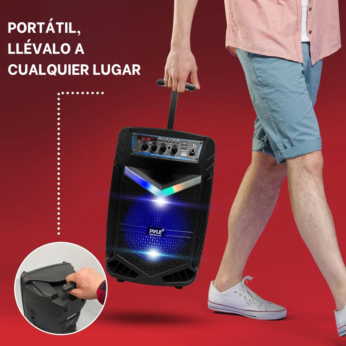PYLE Sistema de Altavoces, PA, 400W, Bluetooth, portatil, Recargable, Exteriores, subwoofer de 8”, Tweeter de 1”, función de grabación, micrófono, Luces de Fiesta, Radio USB/SD, Color Negro