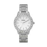 Fossil Jesse Reloj para mujer, movimiento de cuarzo con correa de acero o piel, Tono plateado y purpurina, 34MM