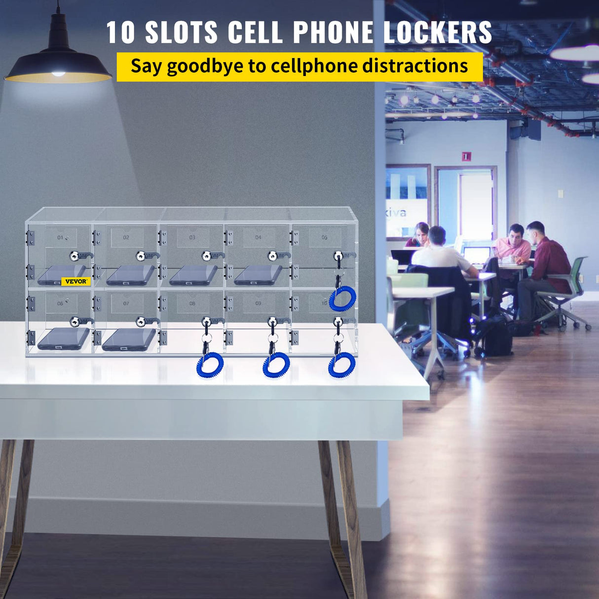 VEVOR Armario de Almacenamiento para teléfono móvil Cabina telefónica de acrílico con Cerradura 10 Ranuras 53x18x21,5 cm gabinete de Almacenamiento para teléfono con Llaves para Sala de reunión, Aula
