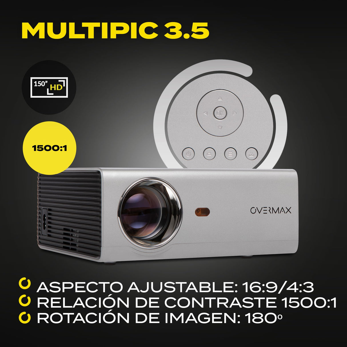 OVERMAX Proyector Multipic 3.5 Full HD LED proyector WiFi Proyector Home Cinema Proyector Incorporado Youtube Altavoz con subwoofer HDMI USB D-Sub Mando a Distancia tamaño Compacto