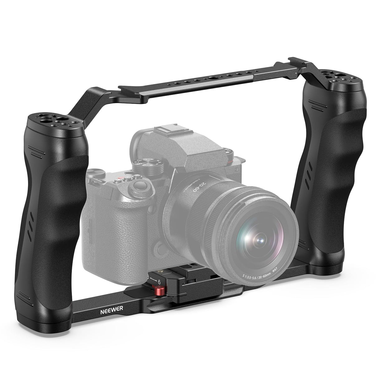 NEEWER Jaula Cámara Video Rig con Placa Liberación Rápida Arca, Empuñadura Dual, Roscas ARRI 3/8" y 1/4", Zapata Fría, Cage Estabilizador Universal Compatible con SmallRig NEEWER Placa Base, CA077
