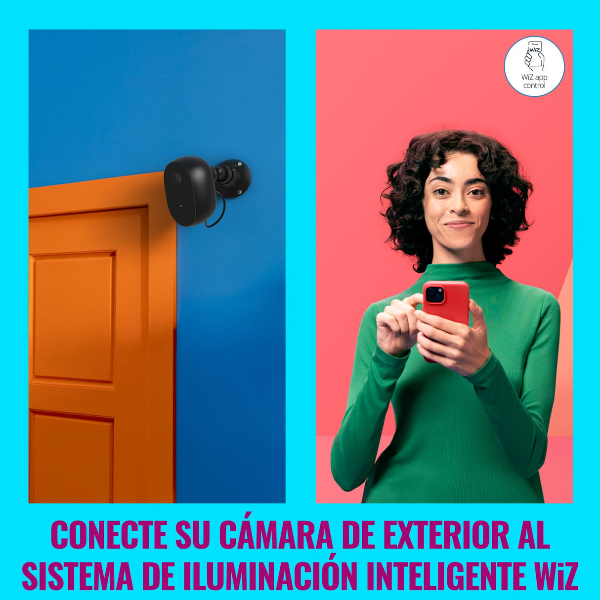 WiZ Cámara de Seguridad para Exteriores Vídeo Full HD, visión Nocturna IR, detección de Movimiento y Sonido, se Conecta a tu Wi-Fi, Control por Voz/App, Funciona con Google Home, Alexa y HomeKit.