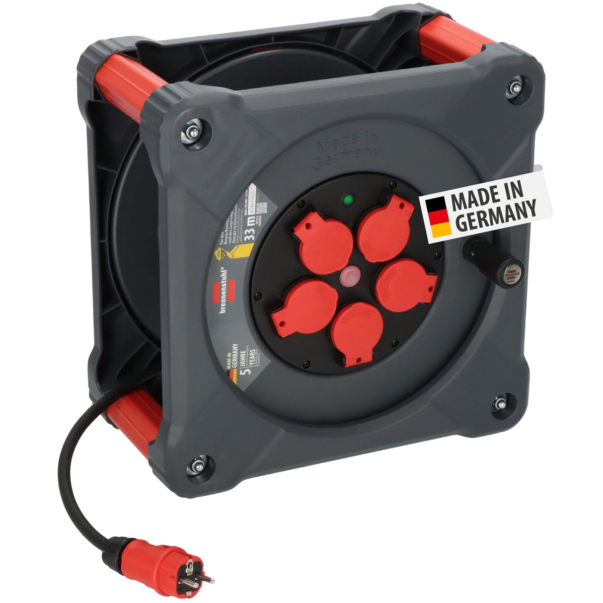 Brennenstuhl Carrete de cable profesional KA 3200 5 IP44 (cable H07RN-F 3G2,5 de 33 m en negro, 5 tomas de seguridad, uso en obra y exterior permanente, fabricado en Alemania)