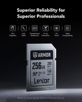 Lexar Armor Silver Pro Tarjeta SD 256 GB, Tarjeta de Memoria SD UHS-II, Acero Inoxidable, C10, U3, V60, vídeo 6K UHD, hasta 280 MB/s de Lectura, 160 MB/s de Escritura, Tarjeta SDXC para DSLR/cámaras