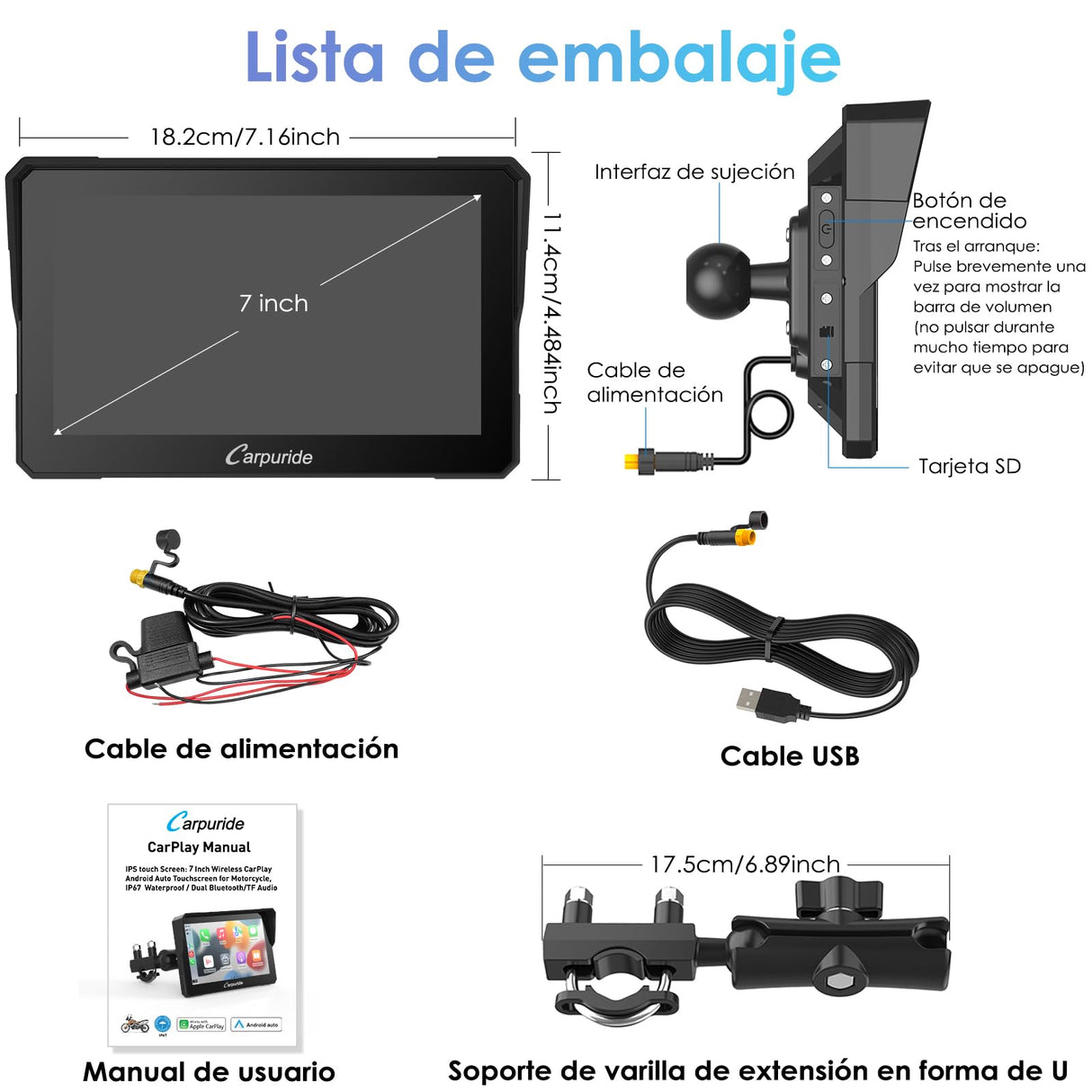 Carpuride W702 Pantalla GPS 7 Pulgadas CarPlay para Motocicleta - CarPlay Inalámbrico y Android Auto, Pantalla Táctil Impermeable, Bluetooth Dual, Navegación, Siri.